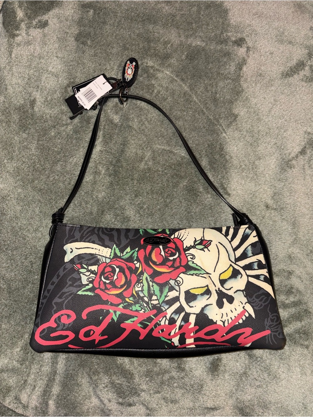 Ed Hardy Black Shoulder Bag with Skull & Red Rose Graphic